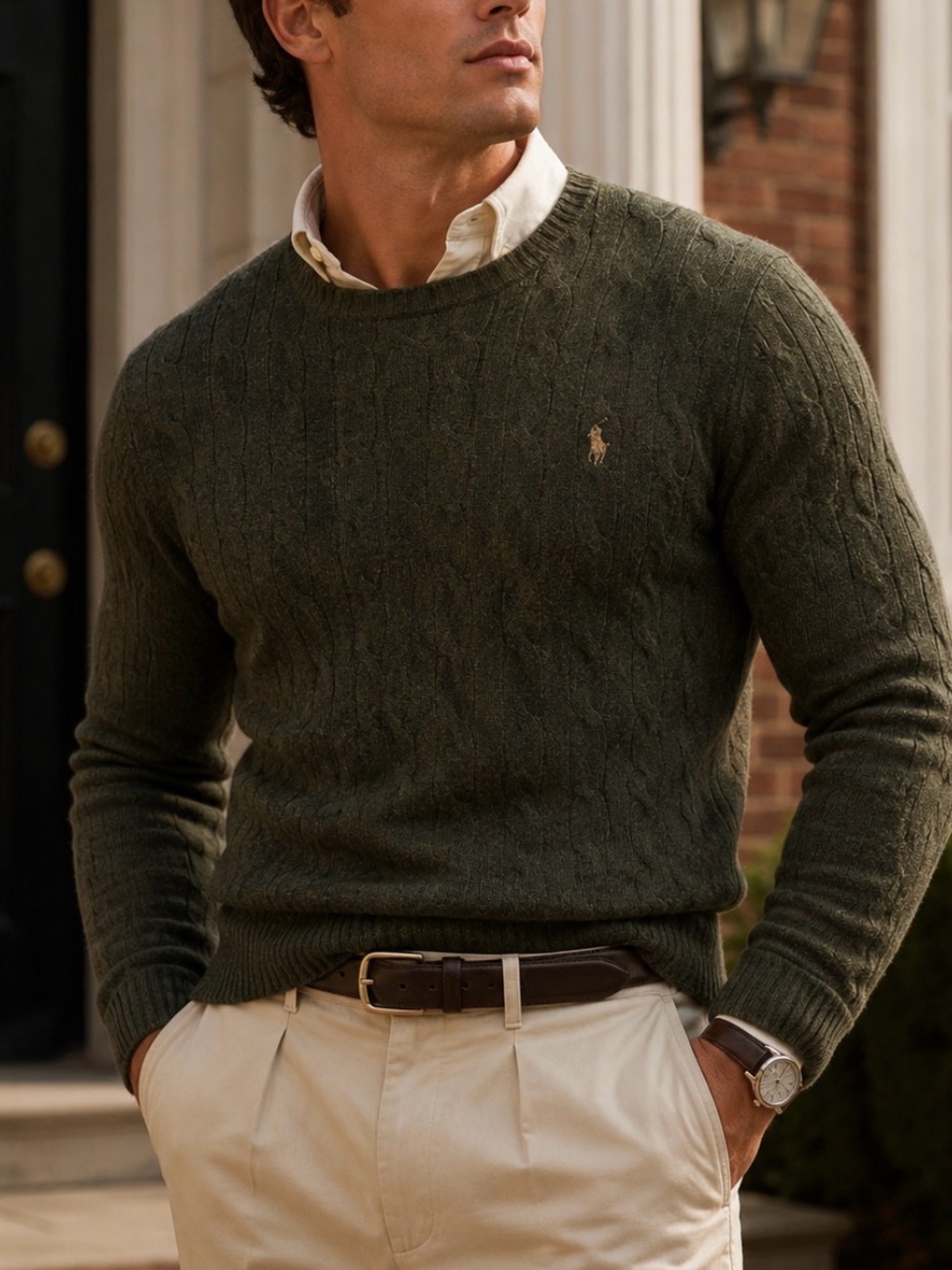 Polo by Ralph Lauren Dark Olive Cable-Knit Lambs Wool Crewneck Sweater